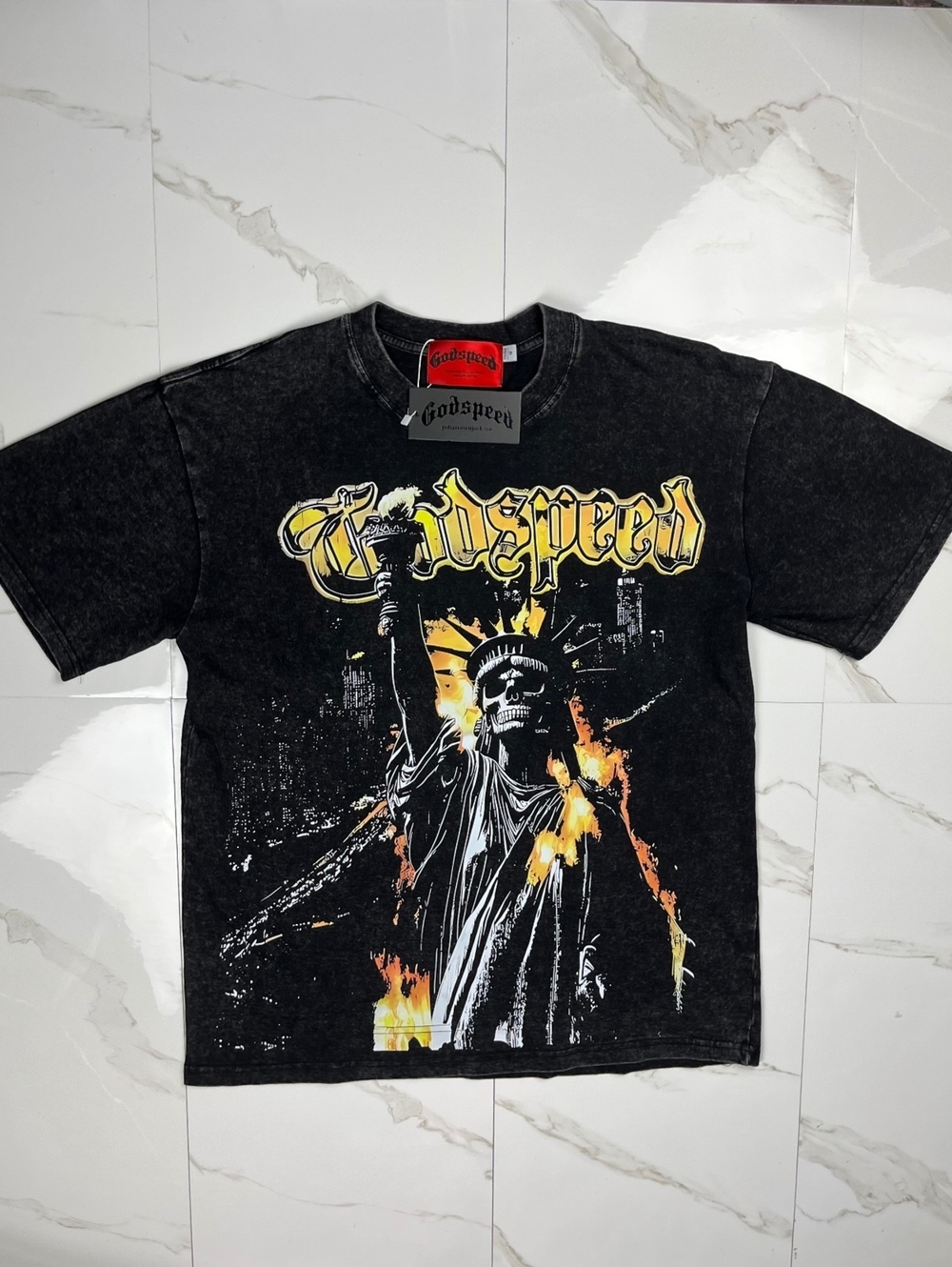 Godspeed Graphic Black T-Shirt with Statue of Liberty and Fi
